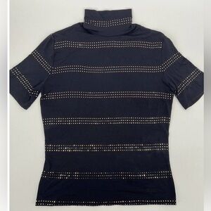 St. John Navy Studded Turtleneck Blouse